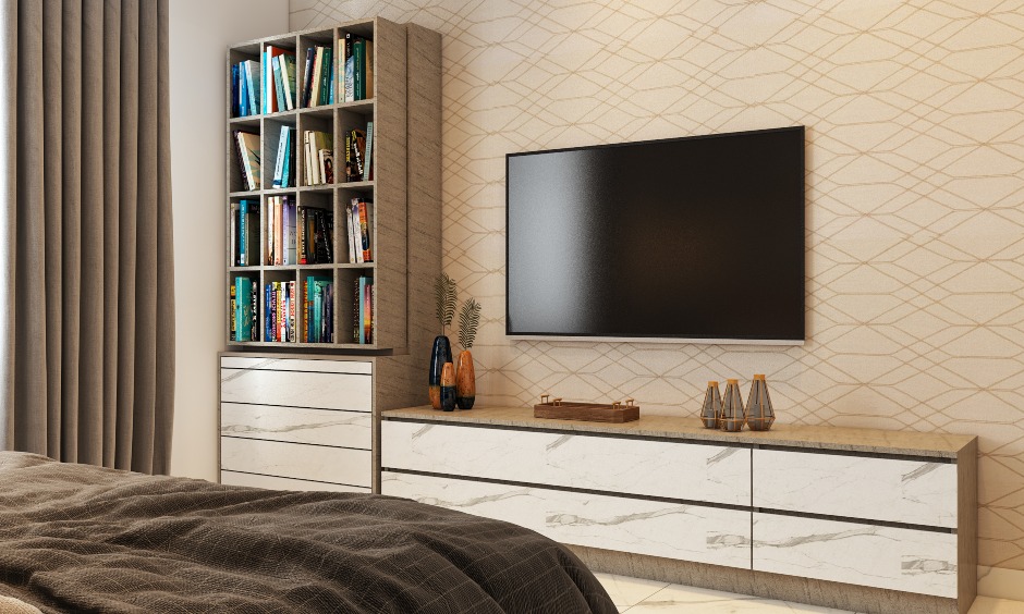 elegant-1bhk-house-design-with-tv-unit-and-open-shelf-to-display-books